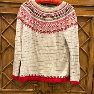 Talbots Cream Fair Isle Crewneck Sweater with Red Accents